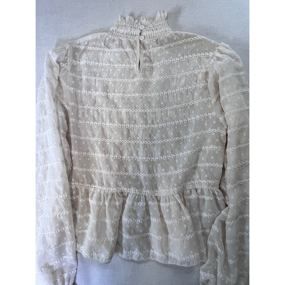 Cider Cream Smocked Peplum Blouse sz M Mock Neck Swiss Dot Embroidered Romantic - Picture 15 of 16